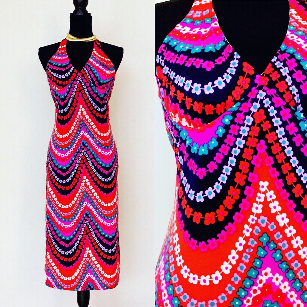 Vintage 60s Psychedelic Floral Print Halter Dress